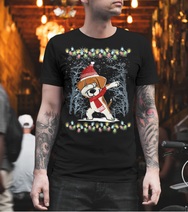 Beagle Dabbing in Santa Hat with Christmas Lights and Snowy Trees T-Shirt Beagle Dabbing in Santa Hat with Christmas Lights and Snowy Trees T-Shirt