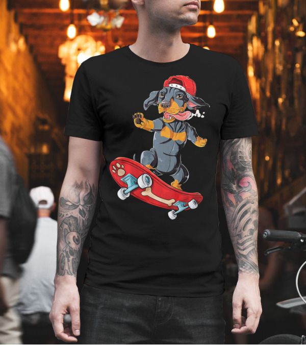 Dachshund Skateboard Wiener Dog in Red Cap with Bone Deck T-Shirt Dachshund Skateboard Wiener Dog in Red Cap with Bone Deck T-Shirt