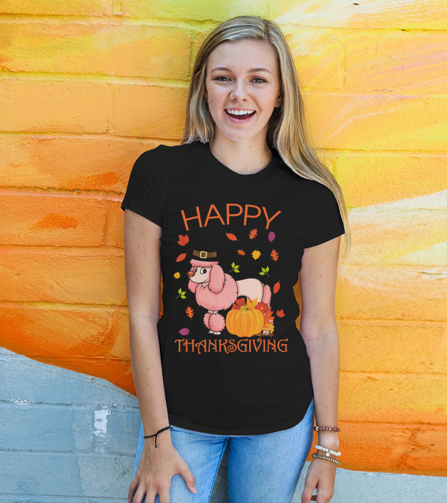 Happy Thanksgiving Poodle With Pumpkins And Fall Leaves T-Shirt