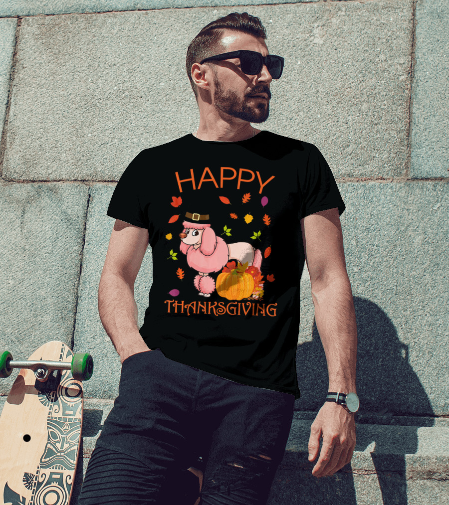Happy Thanksgiving Poodle With Pumpkins And Fall Leaves T-Shirt