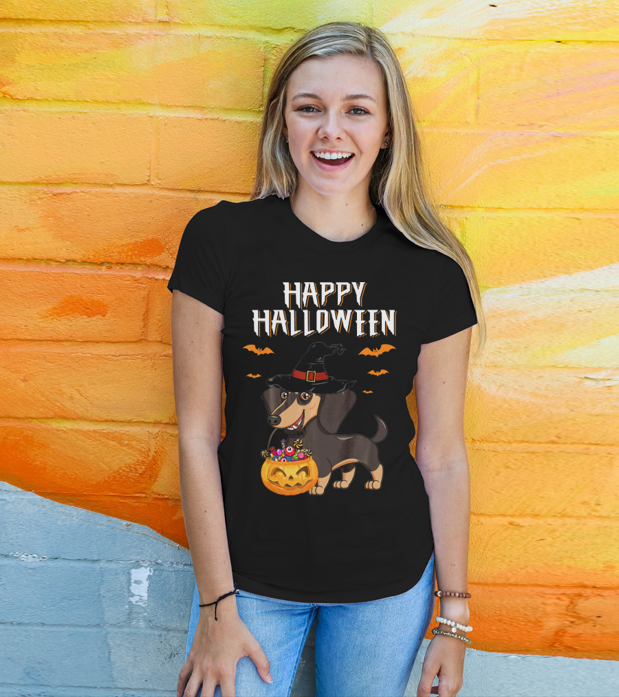 Happy Halloween Funny Dachshund Witch Pumpkin T-Shirt