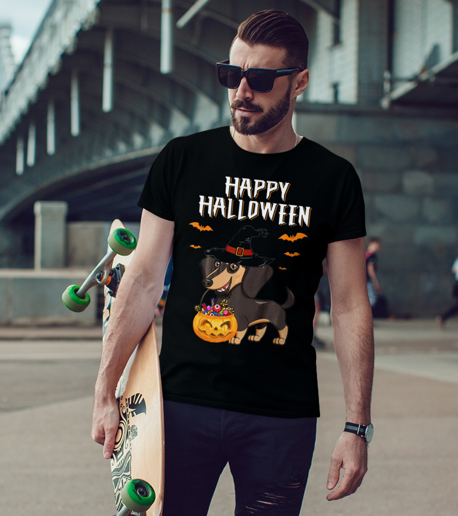 Happy Halloween Funny Dachshund Witch Pumpkin T-Shirt