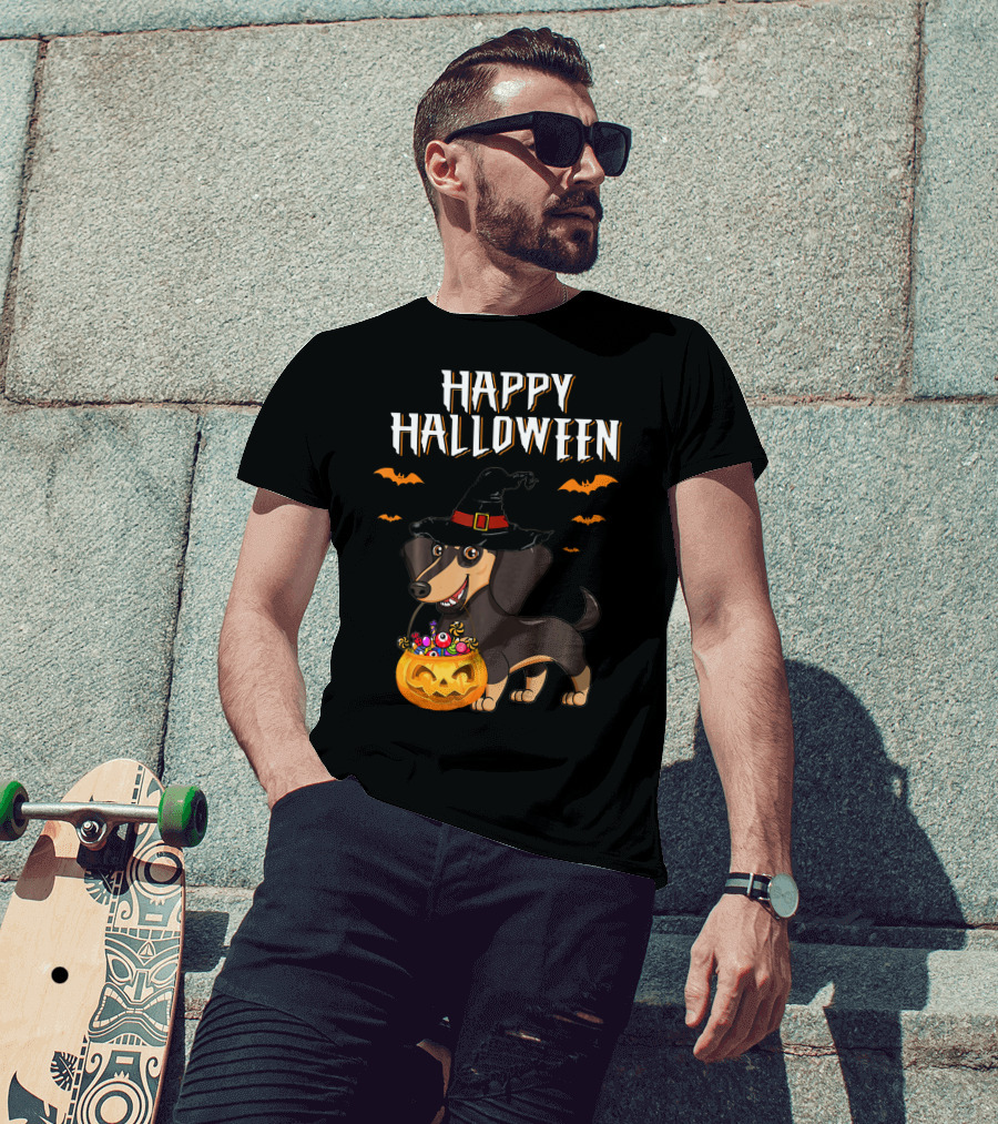 Happy Halloween Funny Dachshund Witch Pumpkin T-Shirt
