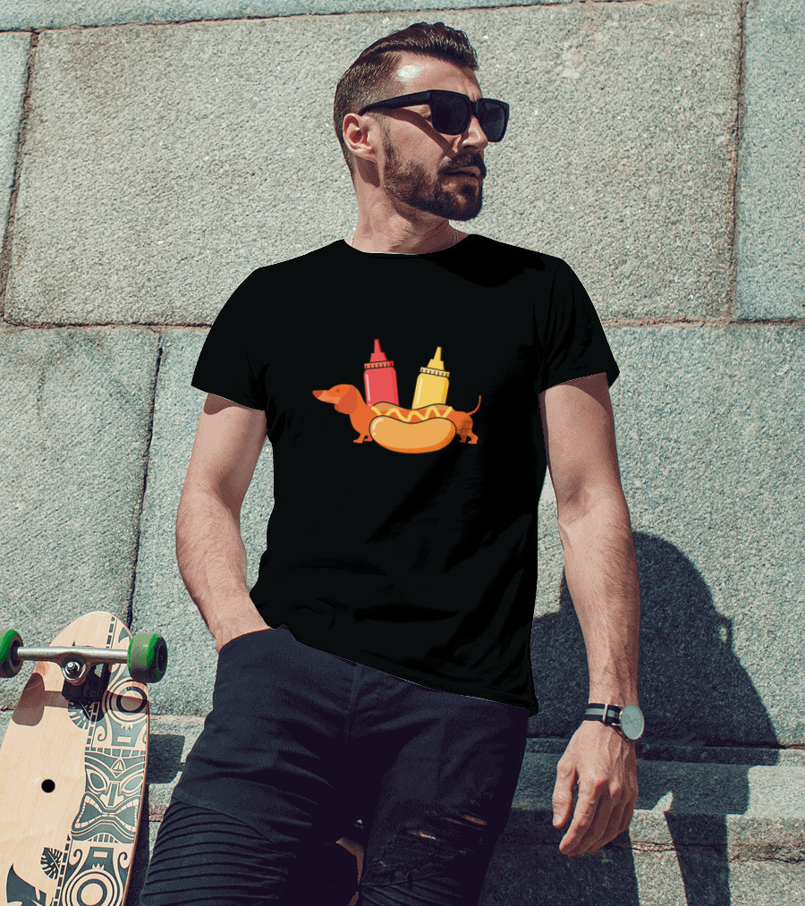 Dachshund Hot Dog With Ketchup And Mustard Bottles T-Shirt