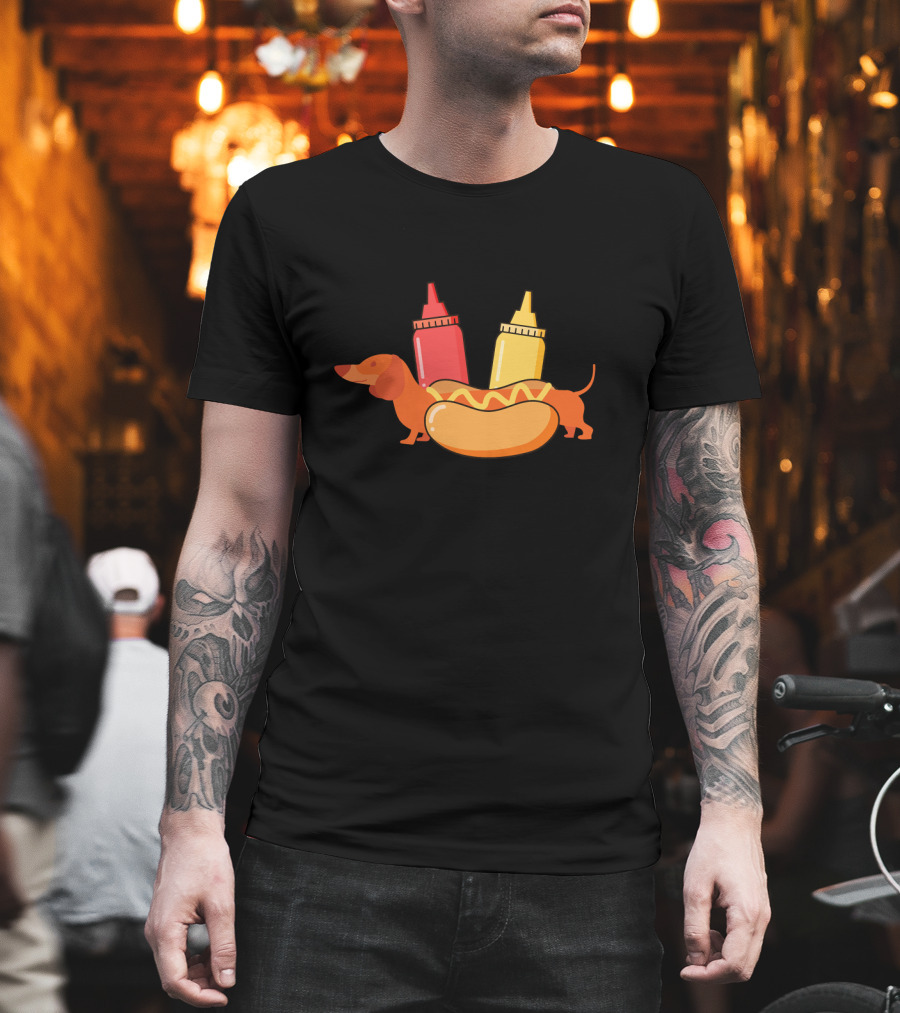 Dachshund Hot Dog With Ketchup And Mustard Bottles T-Shirt