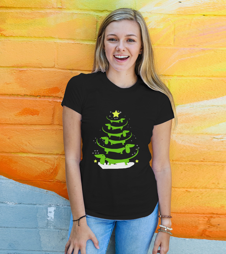 Dachshund Through The Snow Christmas Tree With Stars And Snowflakes T-Shirt