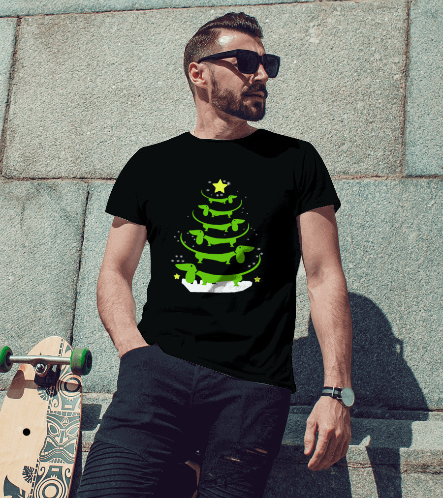 Dachshund Through The Snow Christmas Tree With Stars And Snowflakes T-Shirt