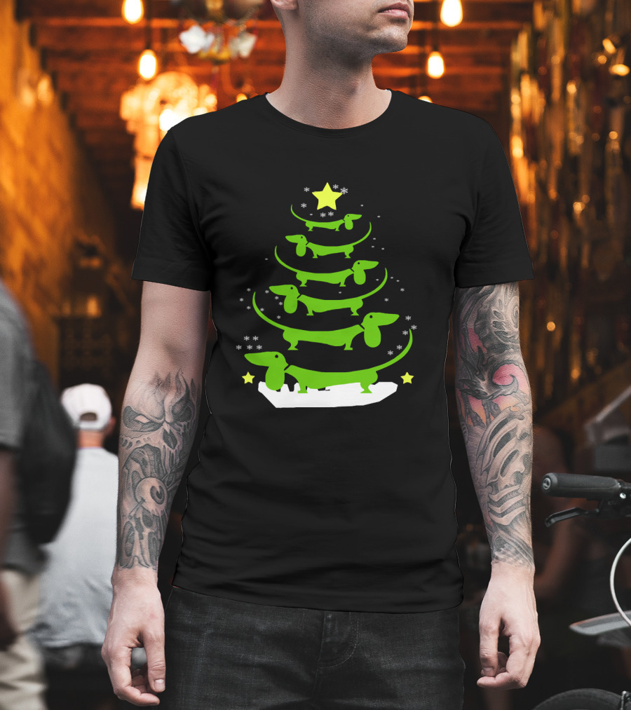 Dachshund Through The Snow Christmas Tree With Stars And Snowflakes T-Shirt