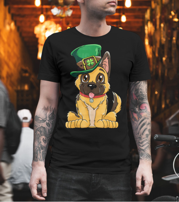 German Shepherd Cartoon with Green Leprechaun Hat and Clover T-Shirt German Shepherd Cartoon with Green Leprechaun Hat and Clover T-Shirt
