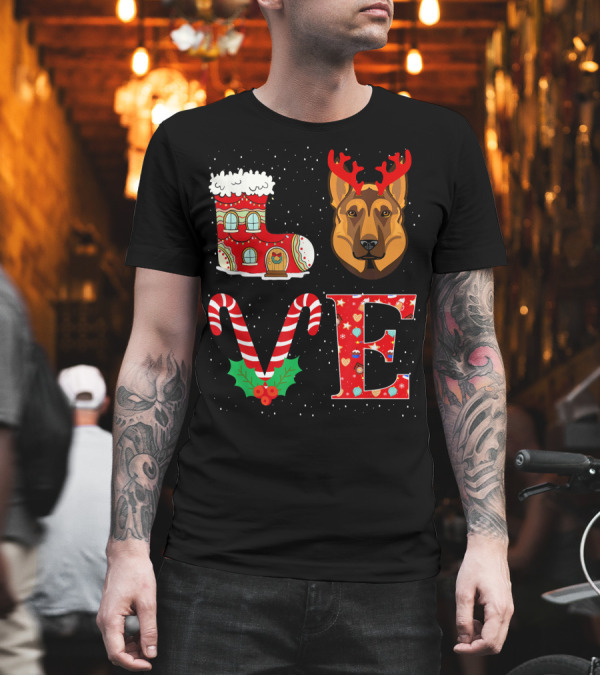LOVE Christmas German Shepherd Reindeer Horns Holiday Boot and Candy Canes T-Shirt LOVE Christmas German Shepherd Reindeer Horns Holiday Boot and Candy Canes T-Shirt