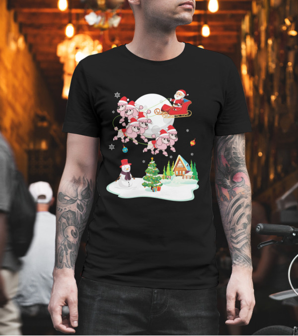 Santa Claus Sleigh with Poodle Reindeer and Snowman by Christmas Cabin T-Shirt Santa Claus Sleigh with Poodle Reindeer and Snowman by Christmas Cabin T-Shirt