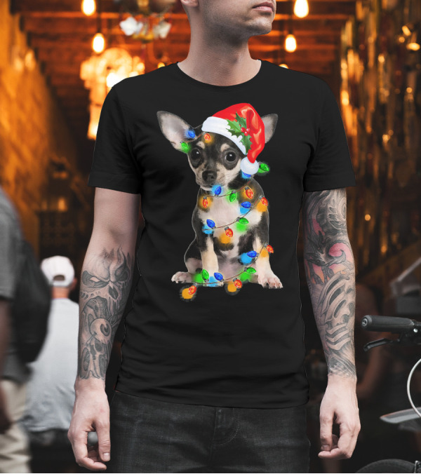 Black Chihuahua Christmas Lights Santa Hat T-Shirt Black Chihuahua Christmas Lights Santa Hat T-Shirt