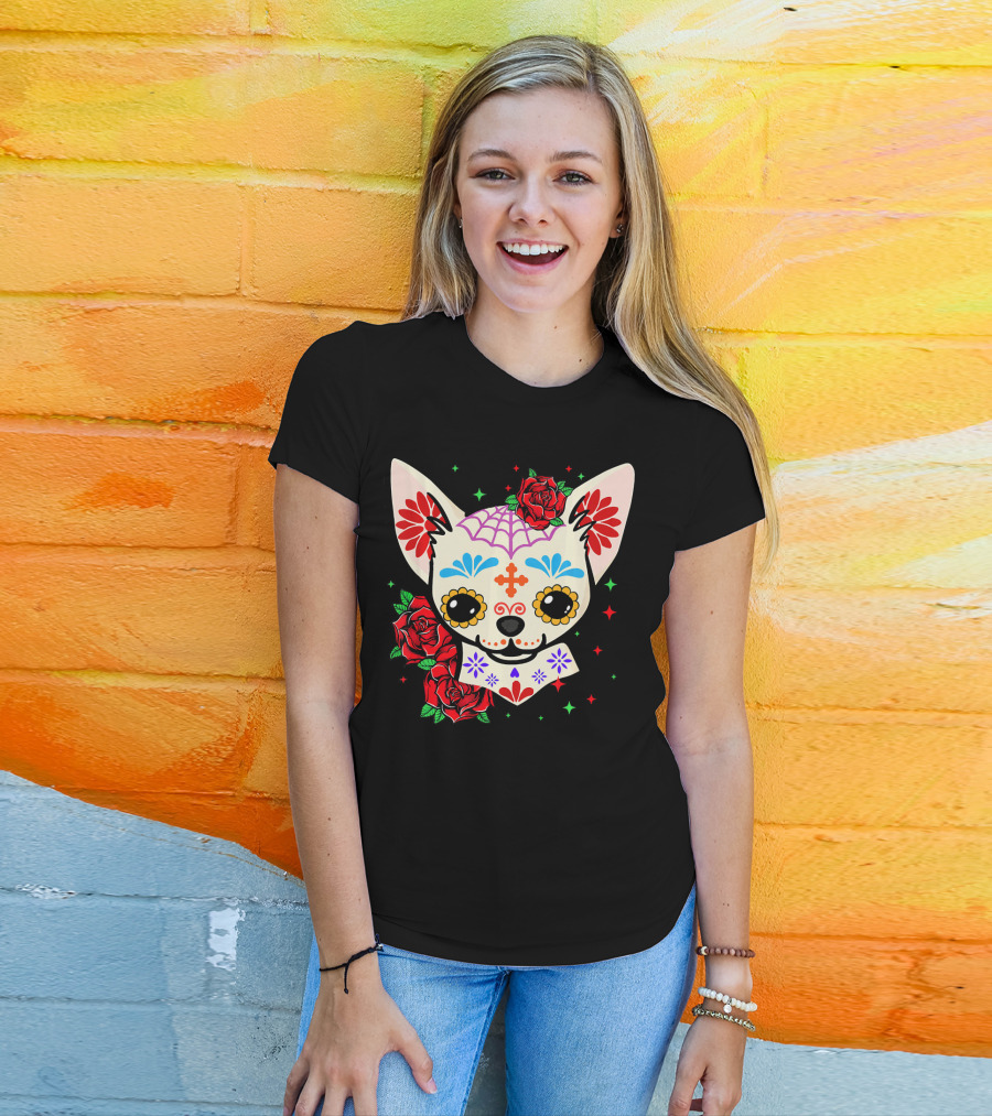 Chihuahua Sugar Skull Day Of The Dead Roses T-Shirt