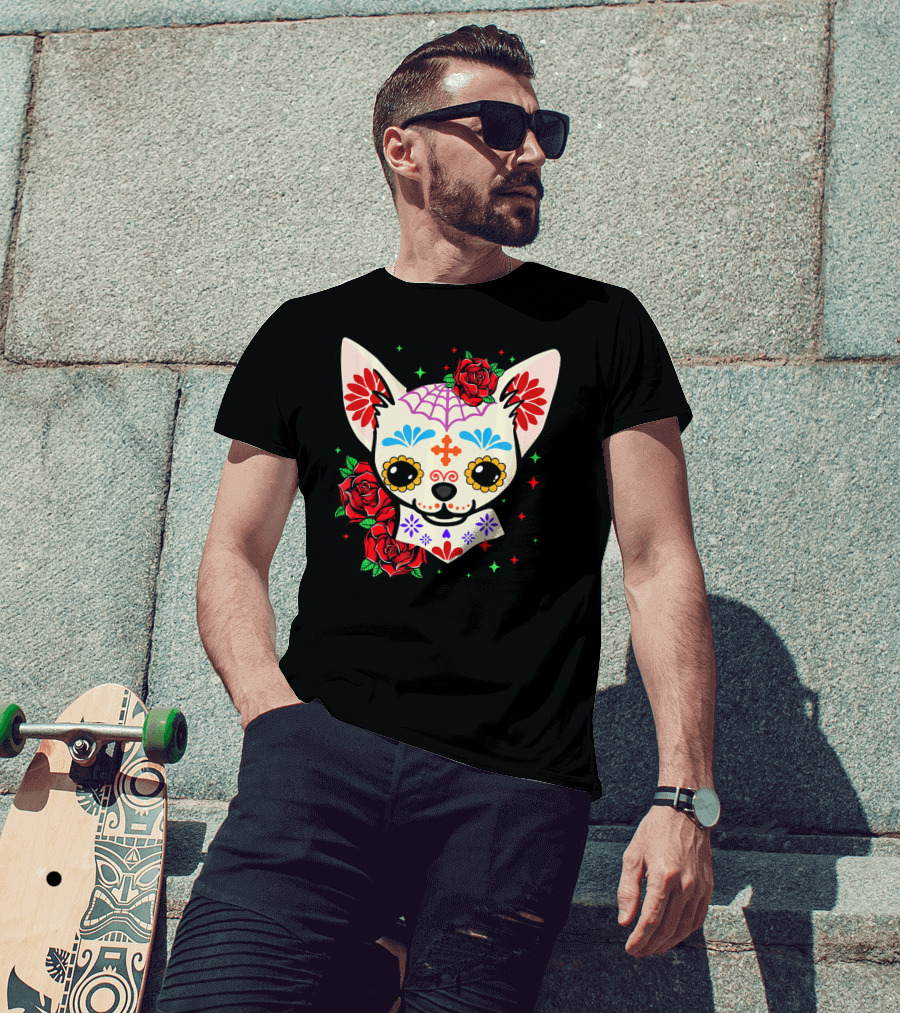 Chihuahua Sugar Skull Day Of The Dead Roses T-Shirt