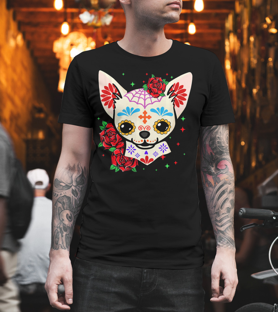Chihuahua Sugar Skull Day Of The Dead Roses T-Shirt