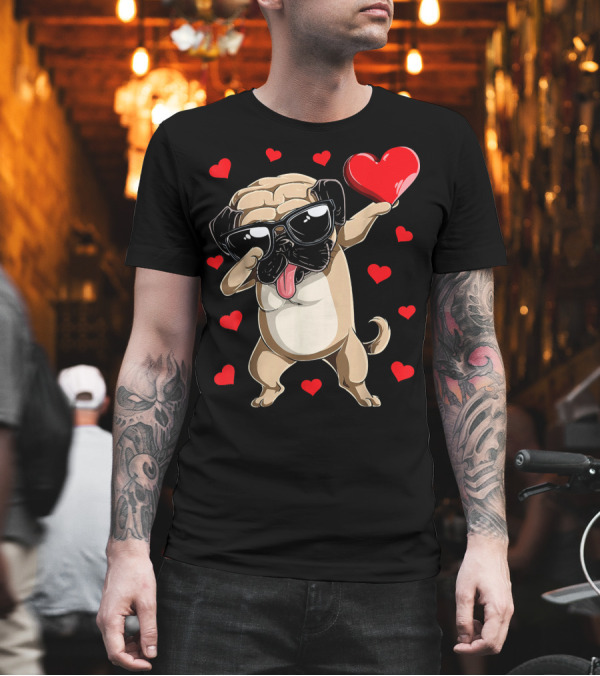 Dabbing Pug with Sunglasses Holding Heart Surrounded by Red Hearts Valentines Day Dog Love T-Shirt Dabbing Pug with Sunglasses Holding Heart Surrounded by Red Hearts Valentines Day Dog Love T-Shirt