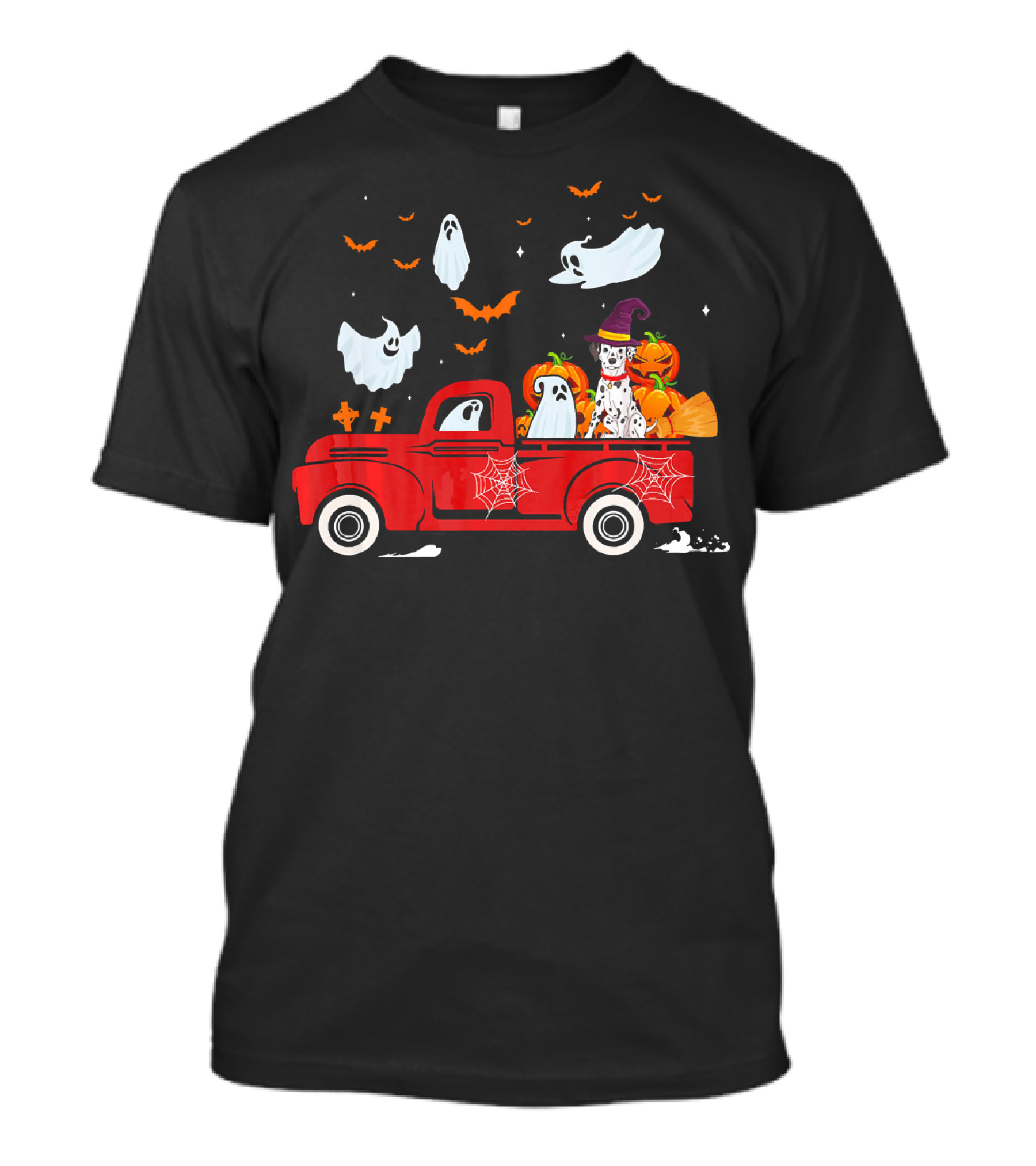 Dalmatian Witch With Pumpkins And Ghosts In Red Truck Halloween Scene T-Shirt