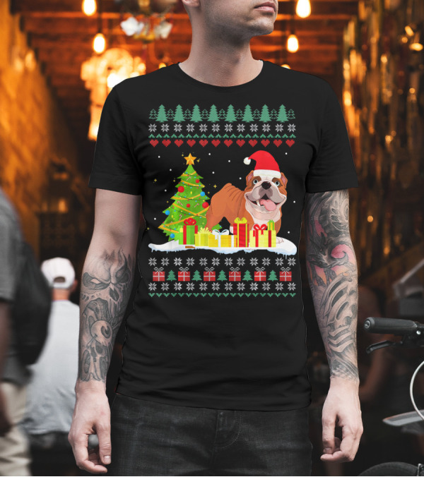 Christmas English Bulldog with Santa Hat and Gifts T-Shirt Christmas English Bulldog with Santa Hat and Gifts T-Shirt