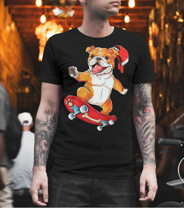 English Bulldog Riding Red Skateboard with Bone Design and Red Hat T-Shirt English Bulldog Riding Red Skateboard with Bone Design and Red Hat T-Shirt