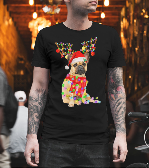 Christmas French Bulldog with Reindeer Antlers and Santa Hat T-Shirt Christmas French Bulldog with Reindeer Antlers and Santa Hat T-Shirt