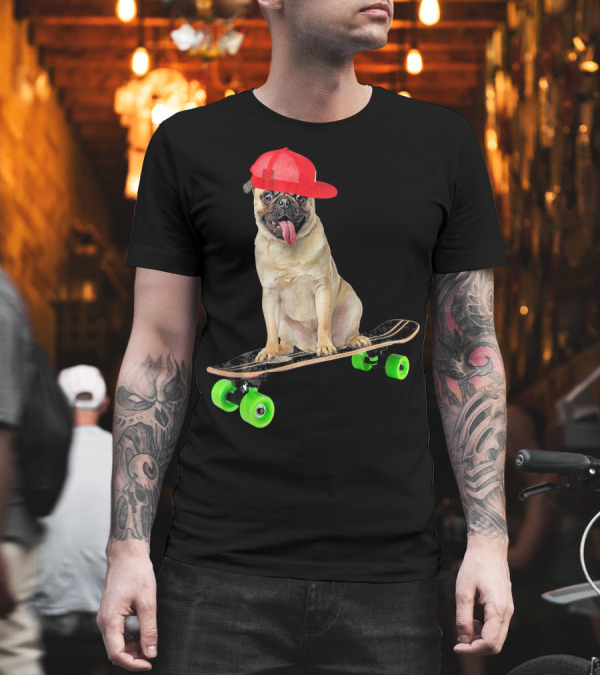 Pug Dog Skateboarding Skater with Red Cap on Skateboard T-Shirt Pug Dog Skateboarding Skater with Red Cap on Skateboard T-Shirt