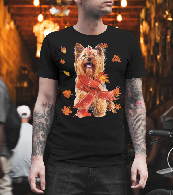Cute Yorkshire Terrier Dog Autumn Leaves Scarf Acorn T-Shirt Cute Yorkshire Terrier Dog Autumn Leaves Scarf Acorn T-Shirt