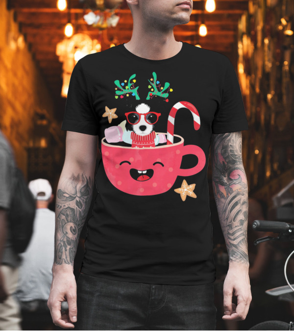Border Collie in Festive Teacup with Candy Cane and Holiday Antlers T-Shirt Border Collie in Festive Teacup with Candy Cane and Holiday Antlers T-Shirt