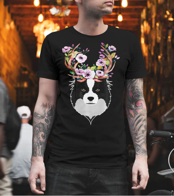 Border Collie Antlers Flower Crown T-Shirt Border Collie Antlers Flower Crown T-Shirt