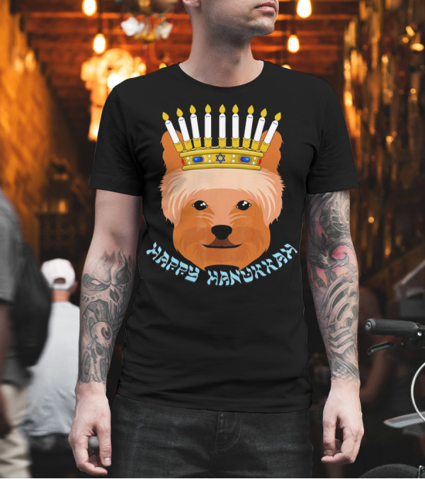 Happy Hanukkah Yorkshire Terrier with Menorah Crown T-Shirt Happy Hanukkah Yorkshire Terrier with Menorah Crown T-Shirt
