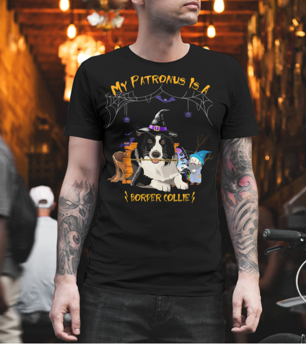 My Patronus Is A Border Collie Witch Hat Halloween Bats Spiders T-Shirt My Patronus Is A Border Collie Witch Hat Halloween Bats Spiders T-Shirt