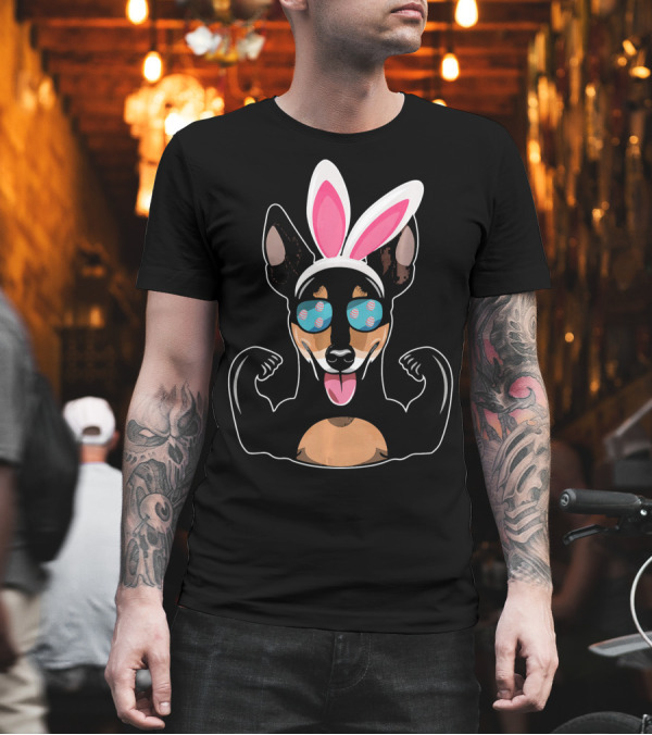 Strong Miniature Pinscher With Bunny Ears and Muscle Pose T-Shirt Strong Miniature Pinscher With Bunny Ears and Muscle Pose T-Shirt