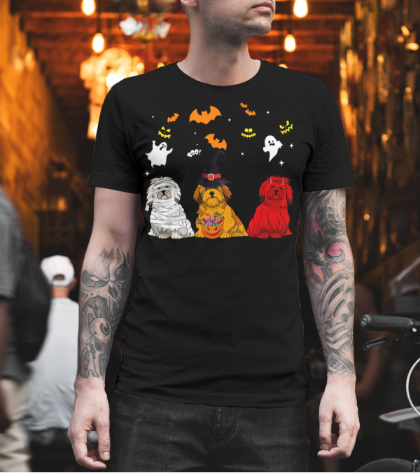 Lhasa Apso Mummy Witch Halloween Dogs Ghosts and Bats T-Shirt Lhasa Apso Mummy Witch Halloween Dogs Ghosts and Bats T-Shirt