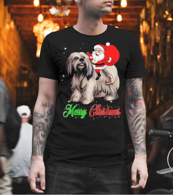 Merry Christmas Santa Riding Lhasa Apso T-Shirt Merry Christmas Santa Riding Lhasa Apso T-Shirt