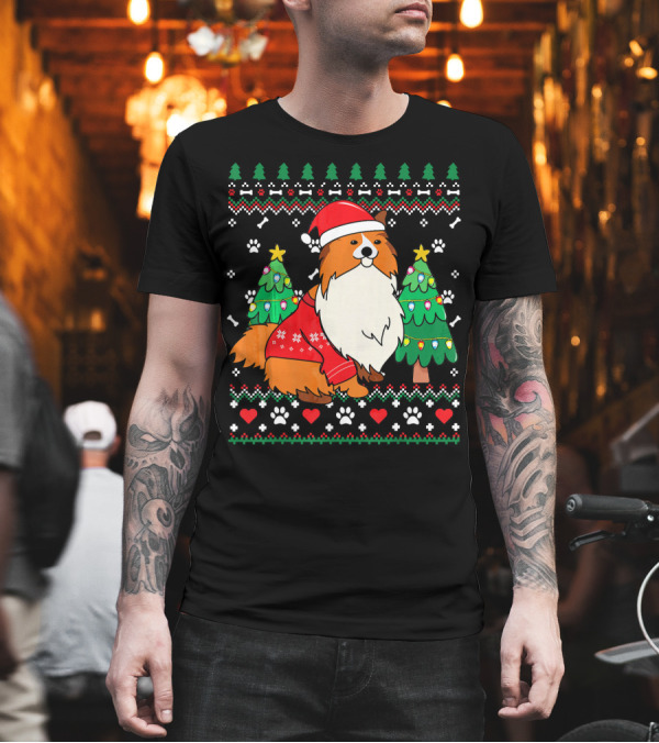 Sheltie Shetland Sheepdog Christmas Ornament with Santa Hat and Festive Trees T-Shirt Sheltie Shetland Sheepdog Christmas Ornament with Santa Hat and Festive Trees T-Shirt