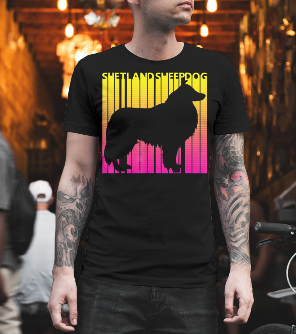 Shetland Sheepdog Silhouette with Retro Gradient Stripes T-Shirt Shetland Sheepdog Silhouette with Retro Gradient Stripes T-Shirt