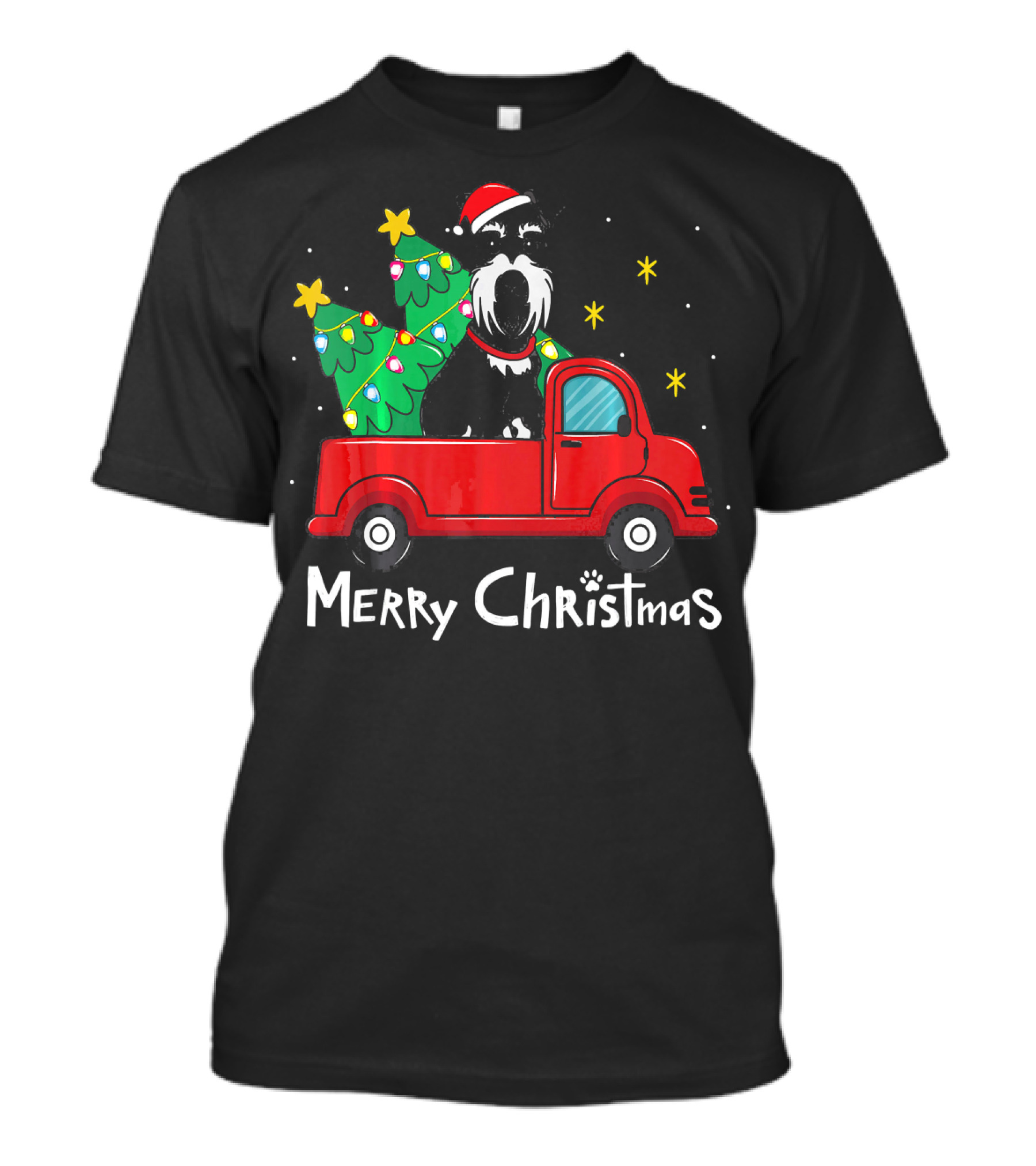 Merry Christmas Miniature Schnauzer In Santa Hat With Christmas Trees In Red Truck T-Shirt