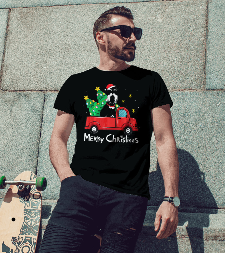 Merry Christmas Miniature Schnauzer In Santa Hat With Christmas Trees In Red Truck T-Shirt