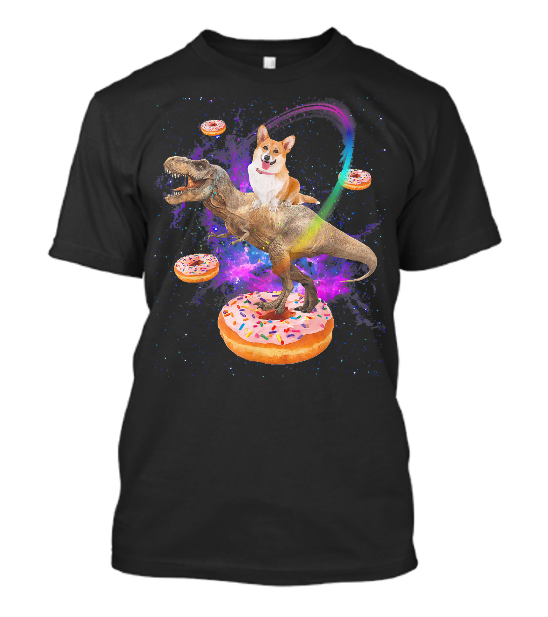 Space Corgi Adventure On Dinosaur Rex With Floating Donuts In Galaxy T-Shirt