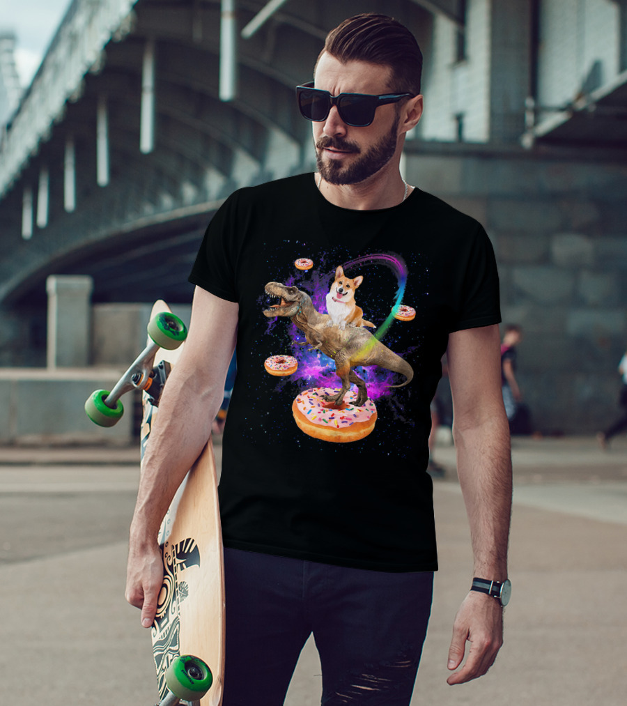 Space Corgi Adventure On Dinosaur Rex With Floating Donuts In Galaxy T-Shirt
