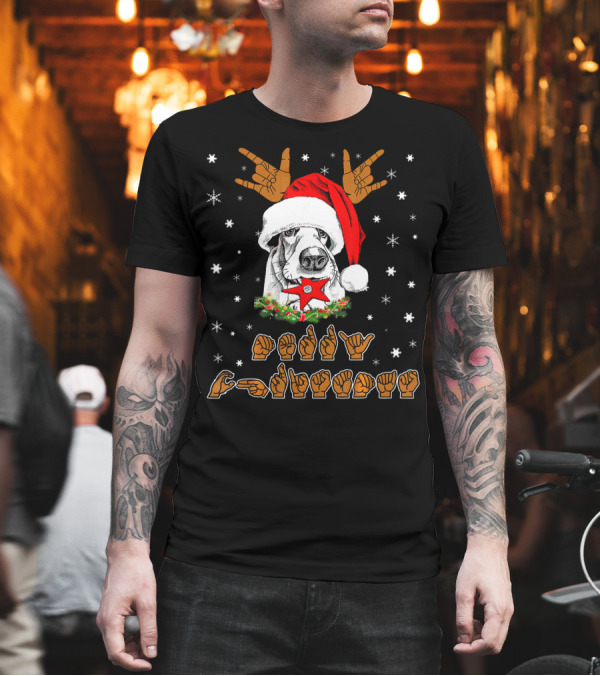 Basset Hound Dog ASL Sign Language Deaf Merry Christmas Holiday Santa Hat Snowflakes T-Shirt Basset Hound Dog ASL Sign Language Deaf Merry Christmas Holiday Santa Hat Snowflakes T-Shirt