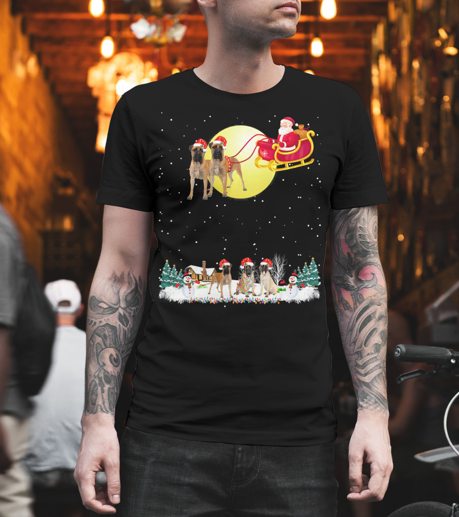Bullmastiff Christmas Reindeer With Santa And Festive Lights T-Shirt