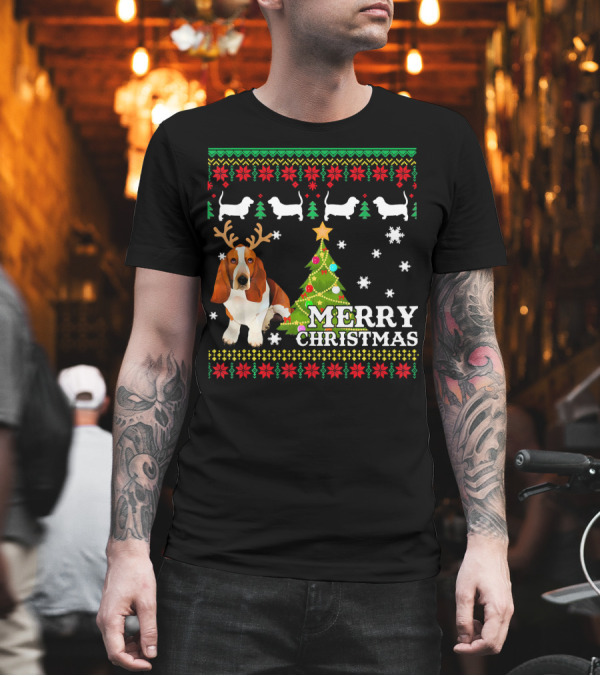 Merry Christmas Basset Hound Reindeer Ugly Sweater Holiday Tree T-Shirt Merry Christmas Basset Hound Reindeer Ugly Sweater Holiday Tree T-Shirt