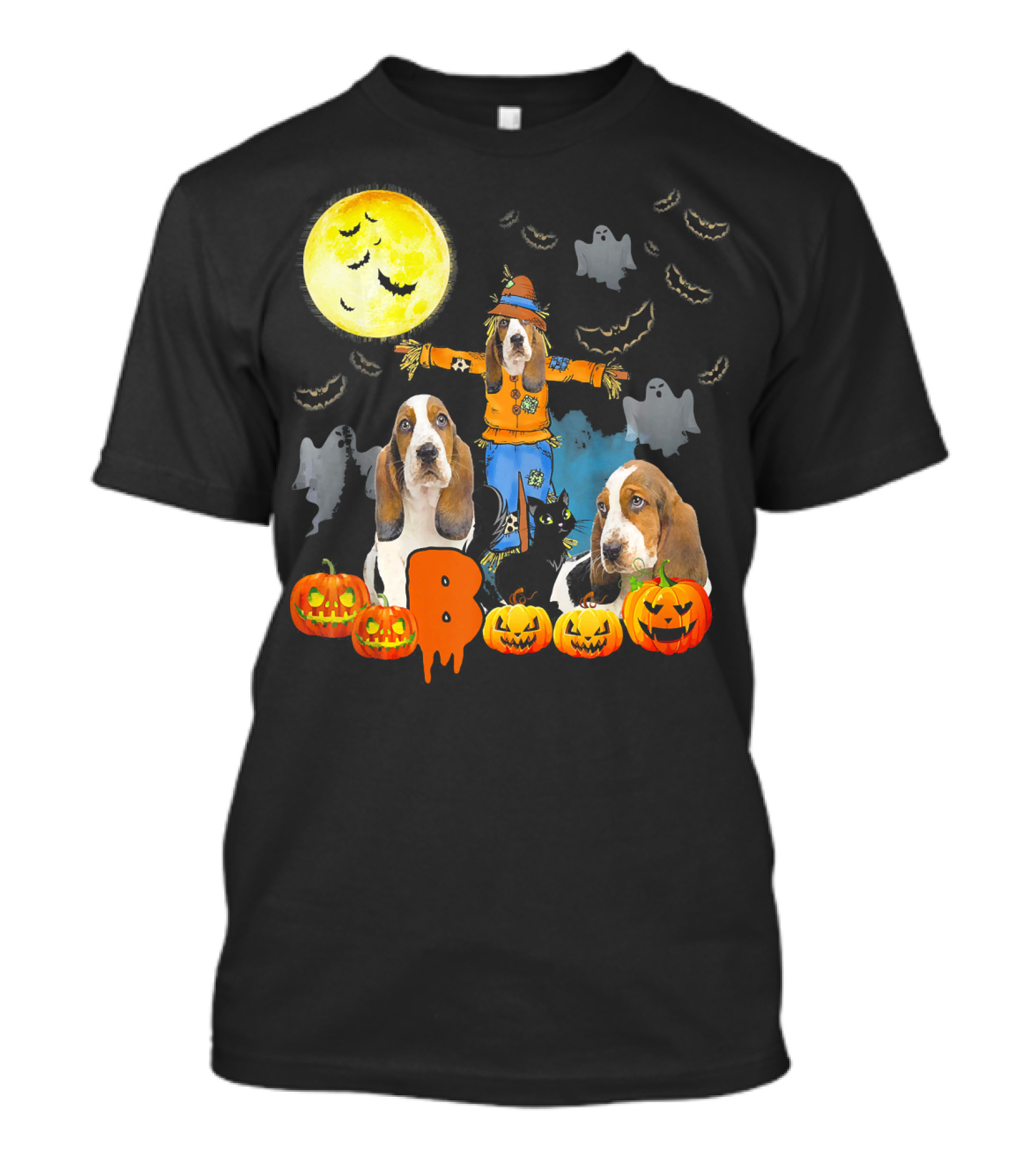 Halloween Moon Basset Hound Dog Pumpkin Ghosts Scarecrow T-Shirt
