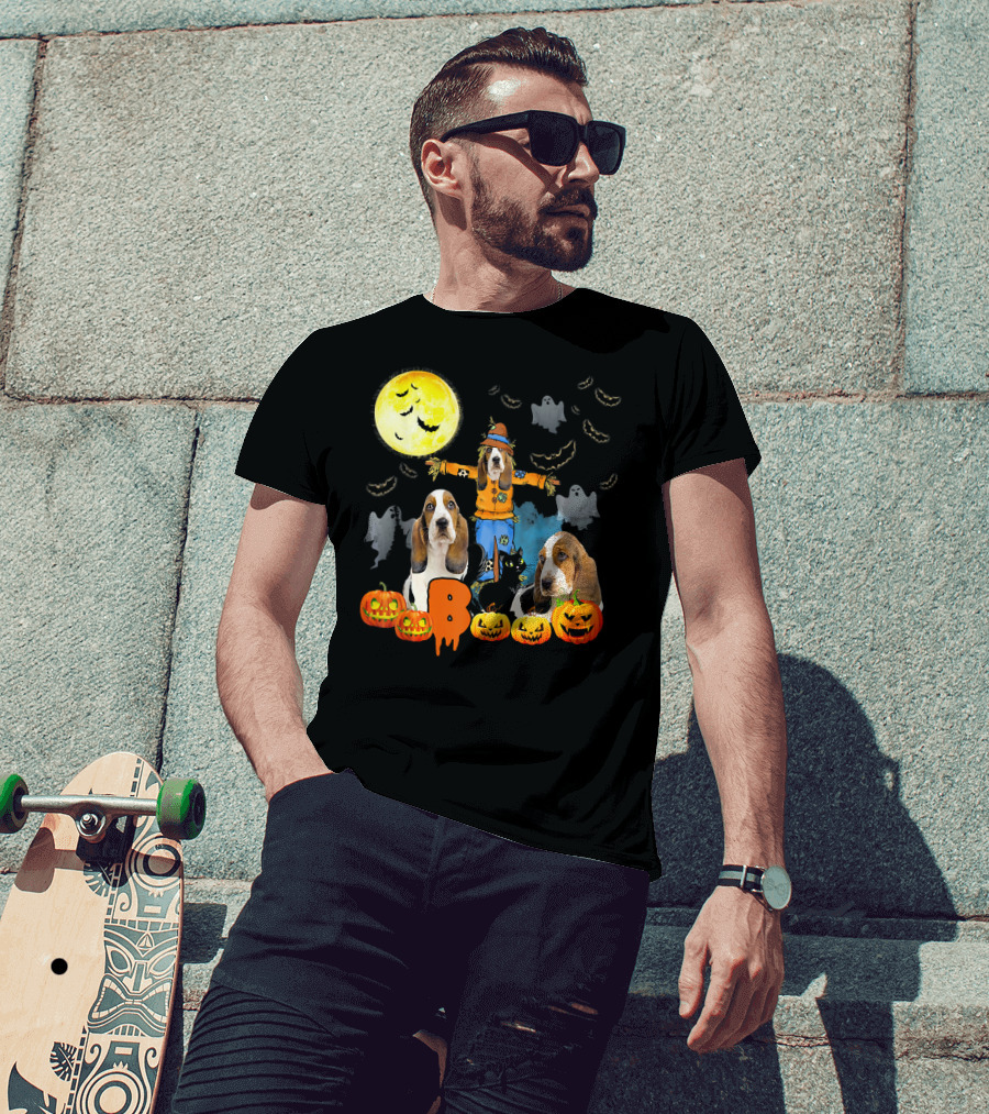 Halloween Moon Basset Hound Dog Pumpkin Ghosts Scarecrow T-Shirt