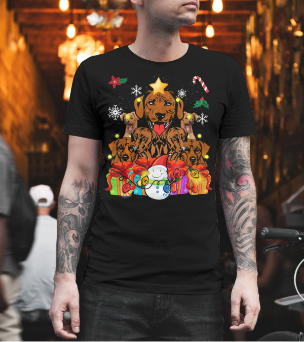 Rhodesian Ridgeback Christmas Stack with Presents and Snowflakes T-Shirt Rhodesian Ridgeback Christmas Stack with Presents and Snowflakes T-Shirt