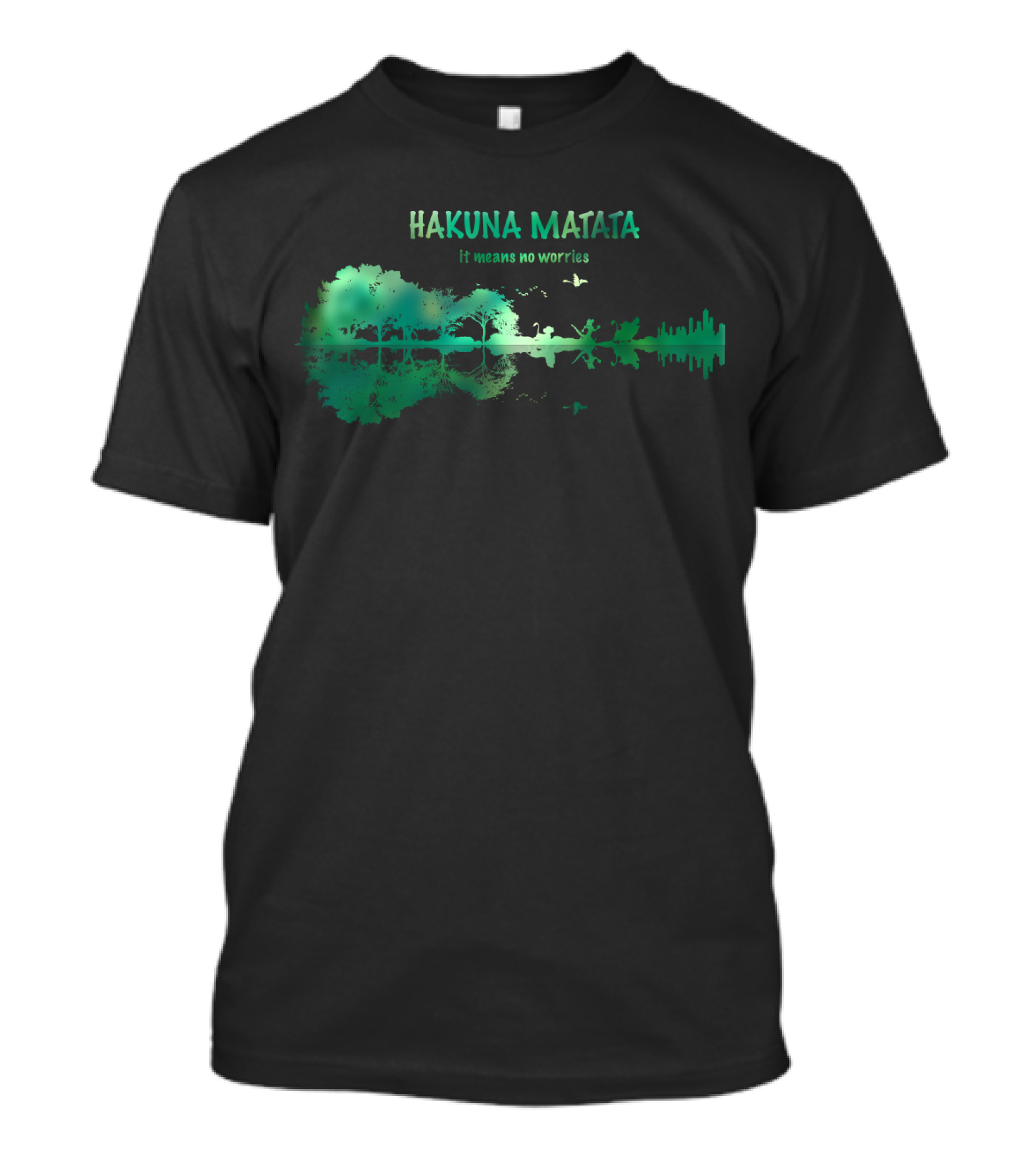 Hakuna Matata It Means No Worries Green Nature Silhouette With Wildlife Reflections T-Shirt