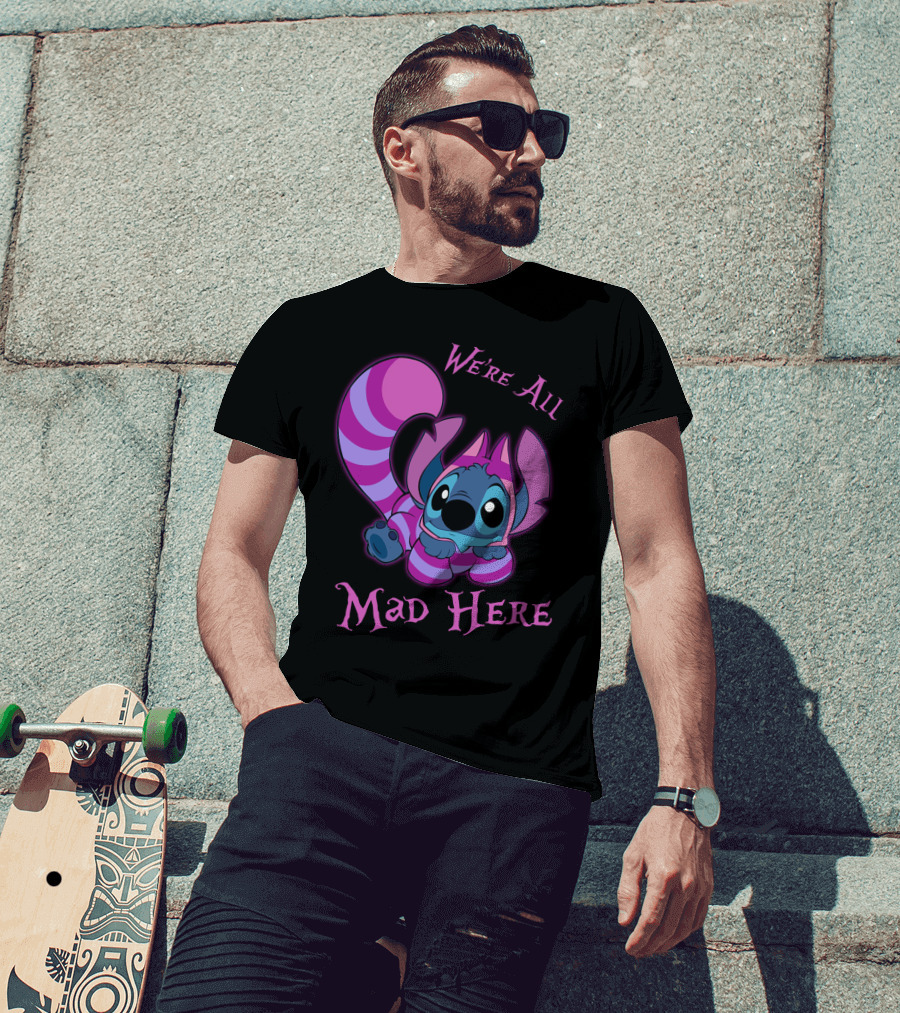 Stitch And Cheshire Cat We're All Mad Here Crossover T-Shirt