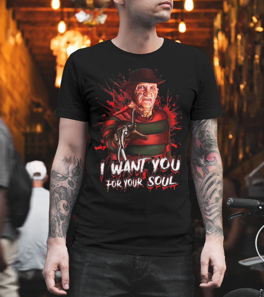 Freddy Krueger I Want You for Your Soul Horror Icon with Red and Green Stripes and Claw Glove T-Shirt