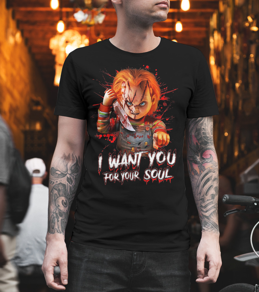 Chucky Horror Character with Knife I Want You for Your Soul T-Shirt
