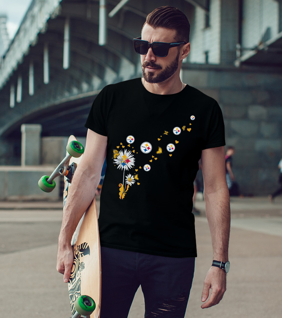 Dandelion With Pittsburgh Steelers Logo And Butterflies T-Shirt